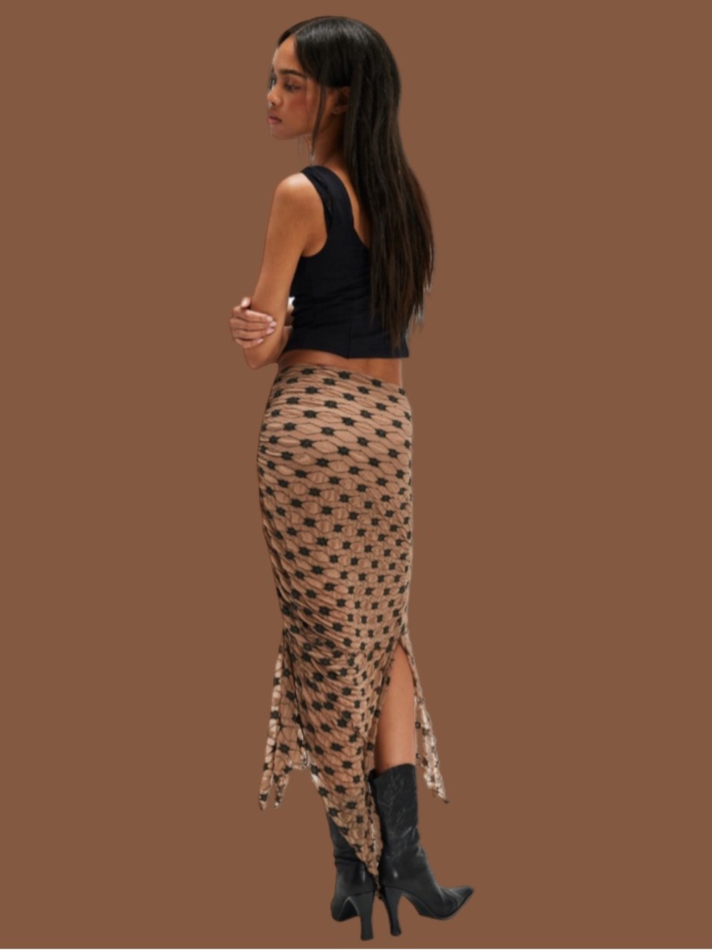 Free People Beige and Black Mesh Maxi Skirt with Side Slits